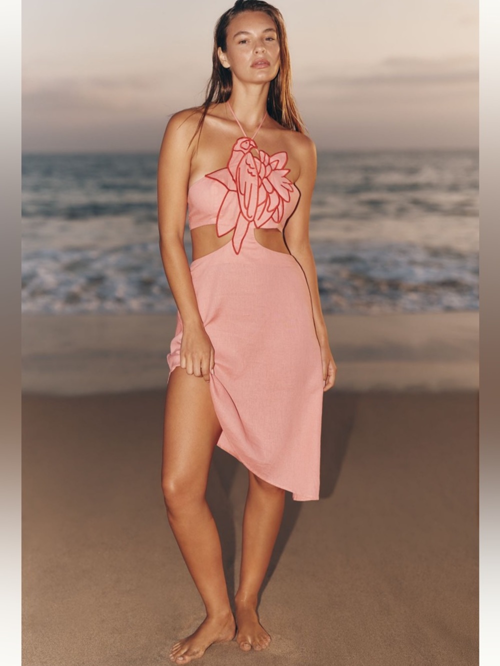 FARM Rio Coral-Pink Cutout Halter Beach Coverup Dress